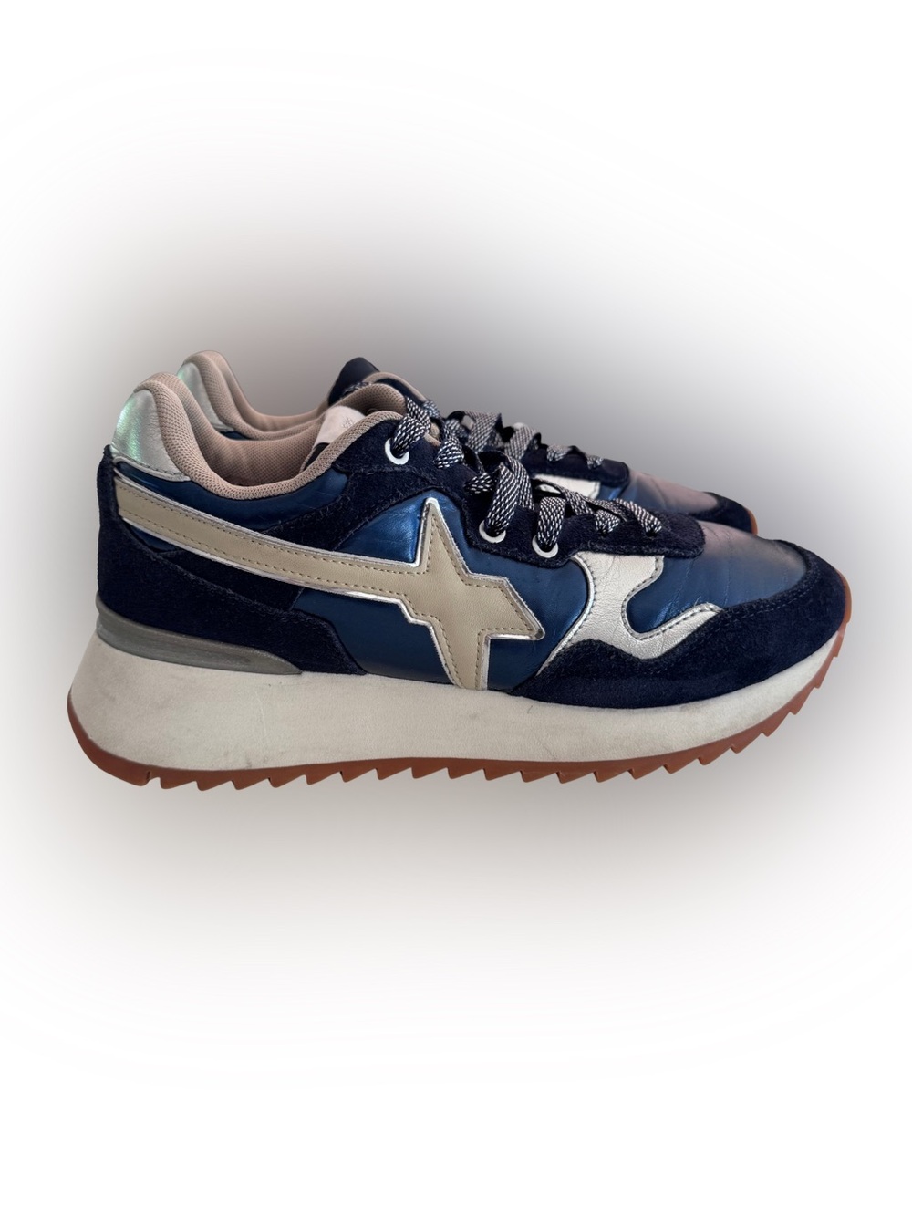 W6YZ Womens US 6.5 EU 38 Navy Silver Star Sneakers Retro Runner Wizz